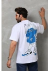 Bisiklet Yaka Baskılı Oversize T-Shirt - Beyaz -