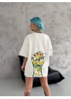 Bisiklet Yaka Baskılı Oversize T-Shirt - Beyaz -