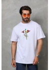 Bisiklet Yaka Baskılı Oversize T-Shirt - Beyaz -