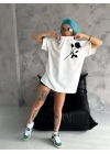 Bisiklet Yaka Baskılı Oversize T-Shirt - Beyaz -