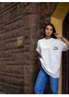 Bisiklet Yaka Baskılı Oversize T-Shirt - Beyaz -