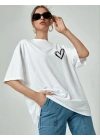 Bisiklet Yaka Baskılı Oversize T-Shirt - Beyaz -