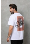 Bisiklet Yaka Baskılı Oversize T-Shirt - Beyaz -