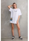 Bisiklet Yaka Baskılı Oversize T-Shirt - Beyaz -