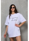 Bisiklet Yaka Baskılı Oversize T-Shirt - Beyaz