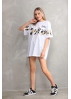 Bisiklet Yaka Baskılı Oversize T-Shirt - Beyaz -