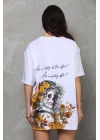 Bisiklet Yaka Baskılı Oversize T-Shirt - Beyaz