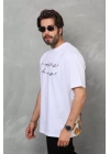 Bisiklet Yaka Baskılı Oversize T-Shirt - Beyaz