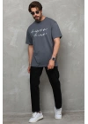Bisiklet Yaka Baskılı Oversize T-Shirt - Füme