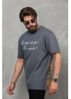 Bisiklet Yaka Baskılı Oversize T-Shirt - Füme