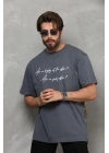 Bisiklet Yaka Baskılı Oversize T-Shirt - Füme