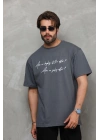 Bisiklet Yaka Baskılı Oversize T-Shirt - Füme