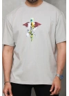 Bisiklet Yaka Baskılı Oversize T-Shirt - Gri -