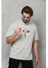 Bisiklet Yaka Baskılı Oversize T-Shirt - Gri -
