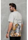 Bisiklet Yaka Baskılı Oversize T-Shirt - Gri