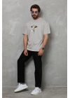 Bisiklet Yaka Baskılı Oversize T-Shirt - Gri -