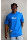 Bisiklet Yaka Baskılı Oversize T-Shirt - Mavi -