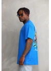 Bisiklet Yaka Baskılı Oversize T-Shirt - Mavi -