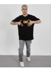 Bisiklet Yaka Baskılı Oversize T-Shirt - Siyah -