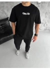 Bisiklet Yaka Baskılı Oversize T-Shirt - Siyah -