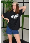 Bisiklet Yaka Baskılı Oversize T-Shirt - Siyah -