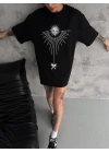 Bisiklet Yaka Baskılı Oversize T-Shirt - Siyah