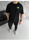 Bisiklet Yaka Baskılı Oversize T-Shirt - Siyah -
