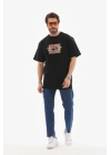 Bisiklet Yaka Baskılı Oversize T-Shirt - Siyah -