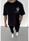 Bisiklet Yaka Baskılı Oversize T-Shirt - Siyah -