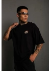 Bisiklet Yaka Baskılı Oversize T-Shirt - Siyah -
