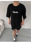 Bisiklet Yaka Baskılı Oversize T-Shirt - Siyah -