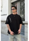 Bisiklet Yaka Baskılı Oversize T-Shirt - Siyah -