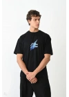 Bisiklet Yaka Baskılı Oversize T-Shirt - Siyah -