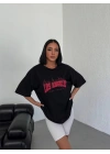 Bisiklet Yaka Baskılı Oversize T-Shirt - Siyah -