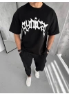 Bisiklet Yaka Baskılı Oversize T-Shirt - Siyah -