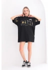 Bisiklet Yaka Baskılı Oversize T-Shirt - Siyah -