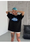 Bisiklet Yaka Baskılı Oversize T-Shirt - Siyah