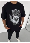 Bisiklet Yaka Baskılı Oversize T-Shirt - Siyah -