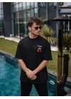 Bisiklet Yaka Baskılı Oversize T-Shirt - Siyah -