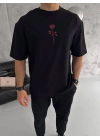Bisiklet Yaka Baskılı Oversize T-Shirt - Siyah -