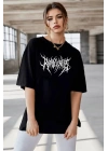 Bisiklet Yaka Baskılı Oversize T-Shirt - Siyah -