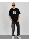 Bisiklet Yaka Baskılı Oversize T-Shirt - Siyah