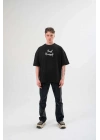 Bisiklet Yaka Baskılı Oversize T-Shirt - Siyah -