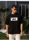 Bisiklet Yaka Baskılı Oversize T-Shirt - Siyah -
