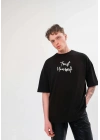 Bisiklet Yaka Baskılı Oversize T-Shirt - Siyah -