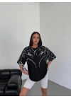 Bisiklet Yaka Baskılı Oversize T-Shirt - Siyah -