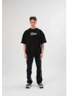 Bisiklet Yaka Baskılı Oversize T-Shirt - Siyah -
