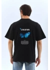 Bisiklet Yaka Baskılı Oversize T-Shirt - Siyah -