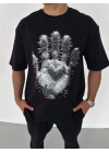 Bisiklet Yaka Baskılı Oversize T-Shirt - Siyah -