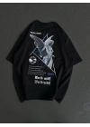 Bisiklet Yaka Baskılı Oversize T-Shirt - Siyah -